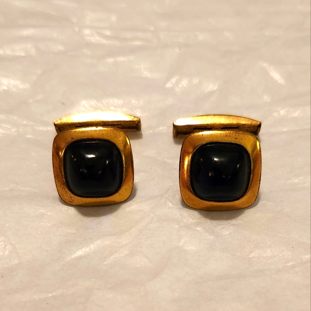 VINTAGE Gold Tone Men's Blue Cuff Links
